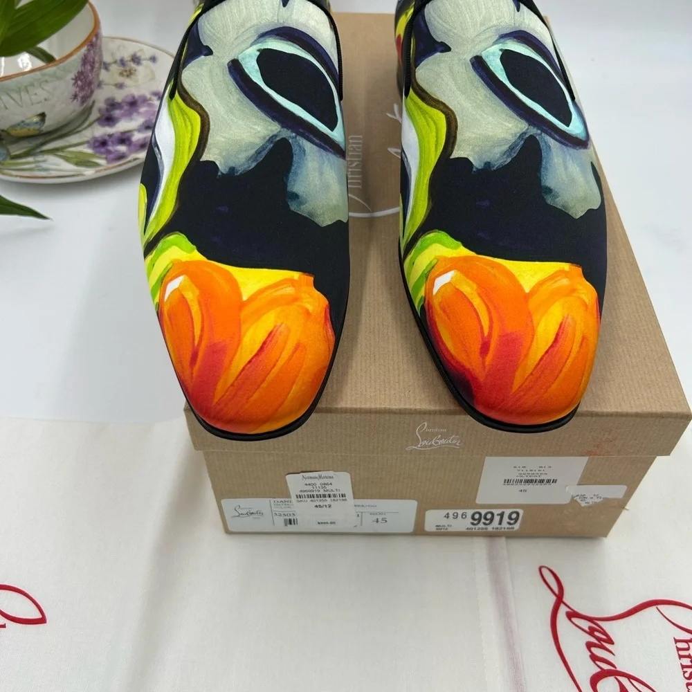 Men's Christian Louboutin, dandy, chick floral satin loafers size 45 made Italy - Picture 3 of 13